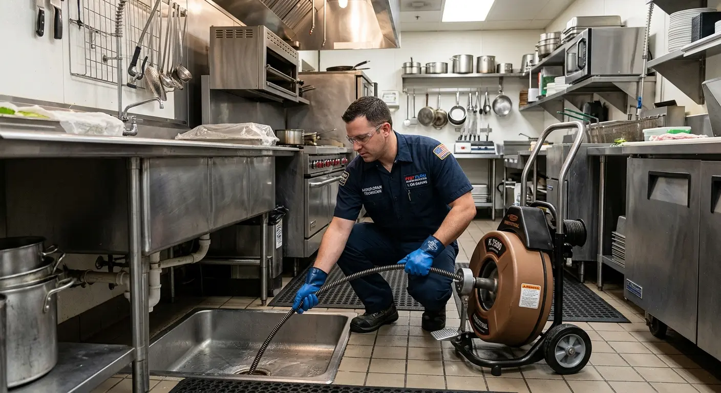 Commercial drain cleaning service in a restaurant kitchen in Greenwood