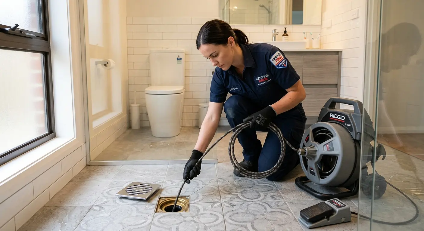 Technician clearing a bathroom floor drain for Sewer Line Installation in Greenwood